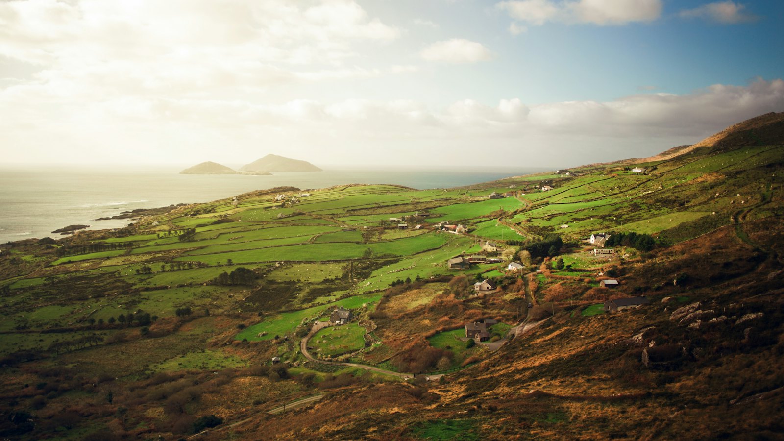 Patchwork fields running to the sea